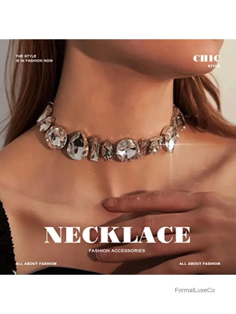 Rhinestone Choker Necklace Big Diamond Jewelry Cable Chain Lobster Clasp